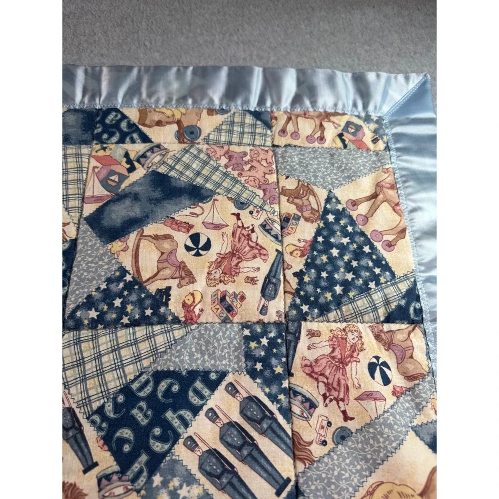Vintage Toy Patchwork Baby Quilt Blue Satin Trim Rocking Horse Tin Soldier 35x42